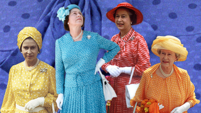 Queen Elizabeth II in four coloured floral print dresses with white shoes and handbags