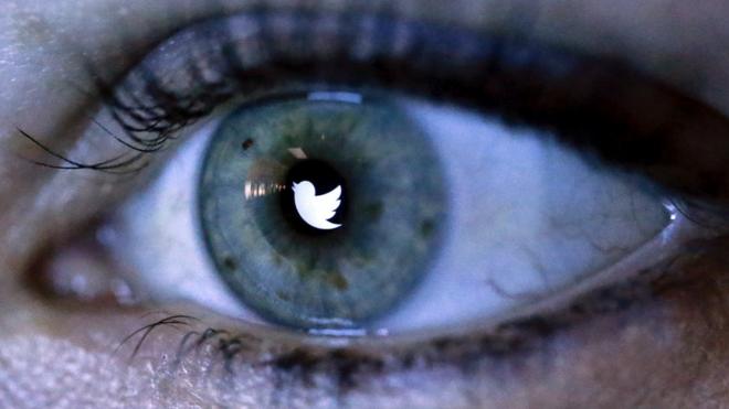Twitter logo reflected in an eye