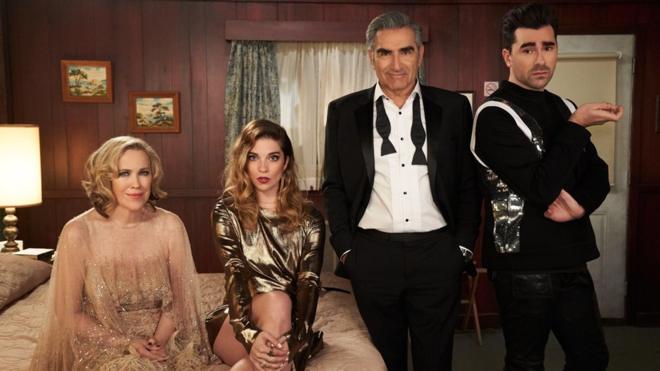 Left to right: Schitt's Creek stars Catherine O'Hara, Annie Murphy, Dan Levy and Eugene Levy
