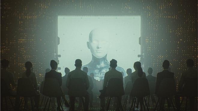 Artistic image show followers gathering in front of a screen with an AI-generated figure