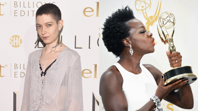 Asia Kate Dillon and Viola Davis with Emmy