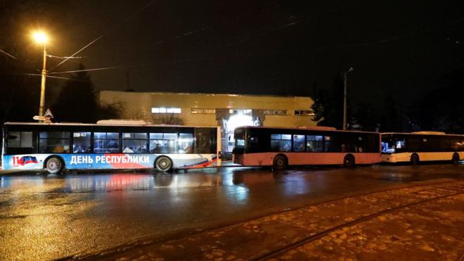 Автобусы для "эвакуации" мирного населения из Донецка, 18 февраля 2022 года
