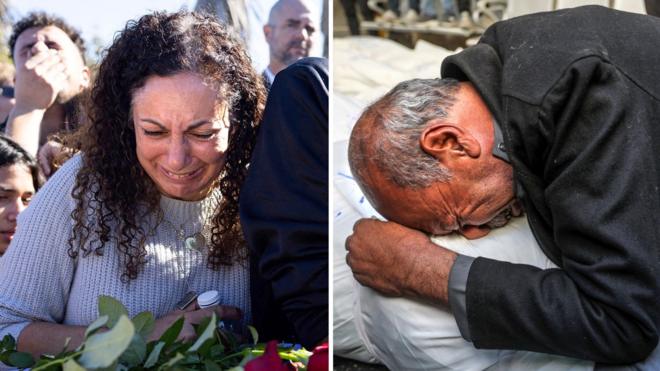 An Israeli woman sobs over a coffin with roses laid on the lid (l) while a Palestinian man sobs into a white sghroud wrapped around a body (r)