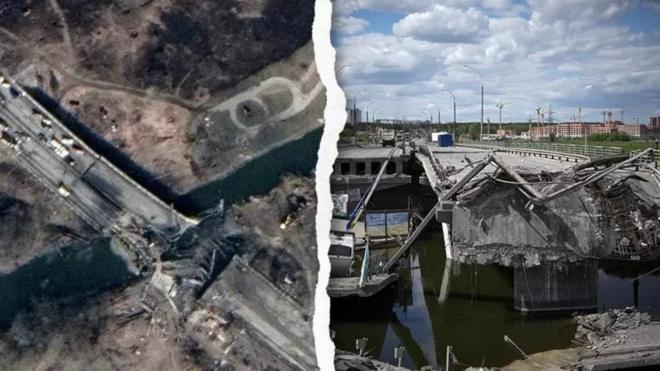 Сравнение спутниковой и обычной фотографии разрушенного моста