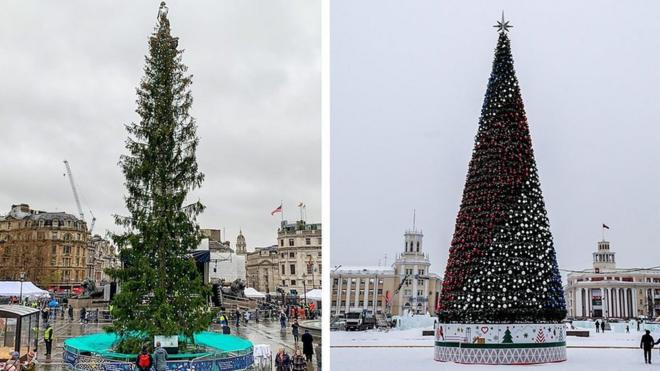 Слева елка из Лондона, справа - елка в Кемерово.
