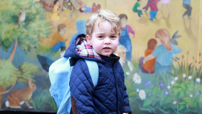 Taken by his mother, the Duchess of Cambridge, of Prince George on his first day at the Westacre Montessori nursery school near Sandringham in Norfolk