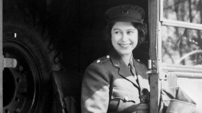 Princess Elizabeth at the wheel of an Army vehicle when she served during the Second World War in the Auxiliary Territorial Service, 1945