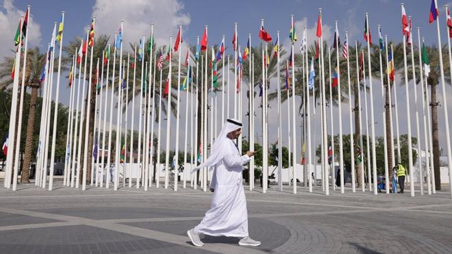 A man walks past flags outside the site of COP28 in Dubai on 29 November
