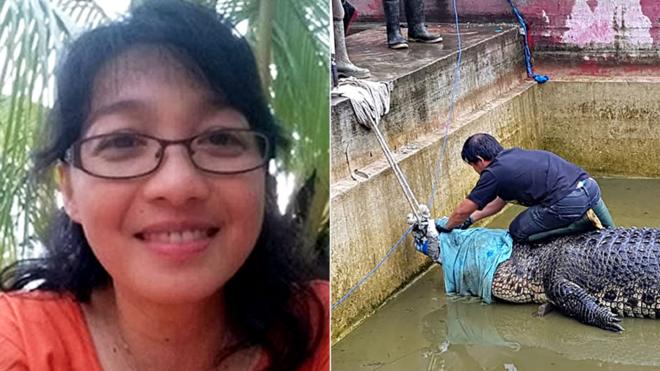 Split image of Deasy Tuwo and the crocodile that killed her