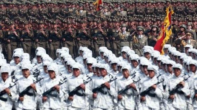 This April 15, 2017 picture released from North Korea"s official Korean Central News Agency (KCNA) on April 16, 2017 shows Korean People"s Army (KPA) soldiers marching through Kim Il-Sung square during a military parade in Pyongyang marking the 105th anniversary of the birth of late North Korean leader Kim Il-Sung