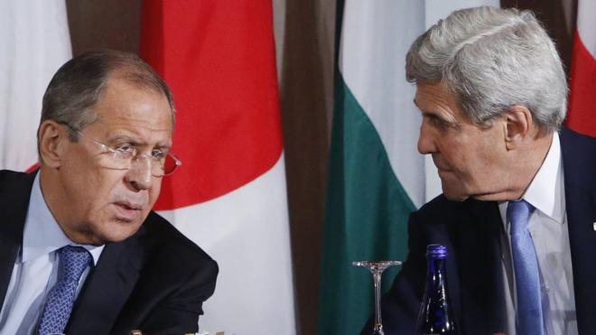 Сергей Лавров и Джон Керри на встрече Международной группы по Сирии в Нью-Йорке 22 сентября 2016 года