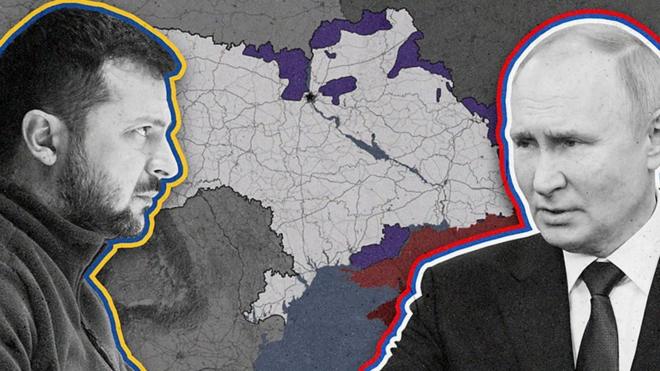 Зеленский и Путин на фоне карты Украины