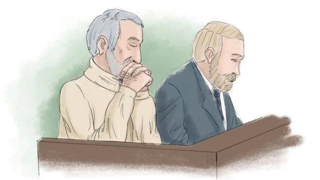 Хамид Нури (слева) и его адвокат Томас Сёдерквист, рисунок из зала суда, сделанный в прошлом ноябре