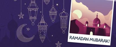 Illustration of a mosque with title Ramadan Mubarak