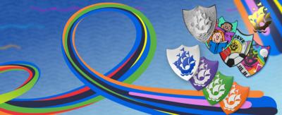 A collection of all the Blue Peter badges in a row.