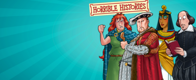 Image shows illustrations of Cleopatra, Henry VIII, Boudicca and Shakespeare. There is the Horrible Histories logo in the middle of the image. 