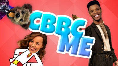 A red-pink background with "CBBC ME" written in the middle. The bodies of Nova Jones, Danger Mouse and Dodger are visible with the heads of Hacker, Evie and Rhys respectively.