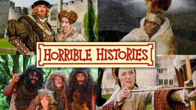 The Horrible Histories logo surrounded by kings, queens, cave people, romans and a tudor archer