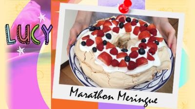 A photo of a fluffy white meringue and red berries, with a label saying 'Marathon Meringue' by Lucy.