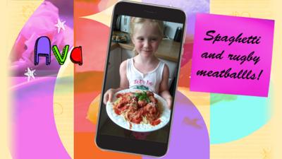 Girl holding a plate of spaghetti. Text reads 'Ava' and 'Spaghetti and rugby meatballs'.