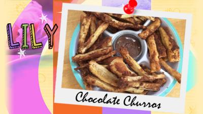A polaroid of a plateful of golden churros next to a bowl of chocolate dipping sauce, sent in by Lily.