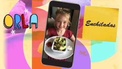 A picture of a little girl (Orla) holding a plateful of enchiladas.