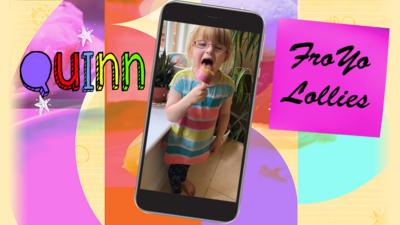 A little girl (Quinn) licking a Yummy Fruity FroYo Lolly.