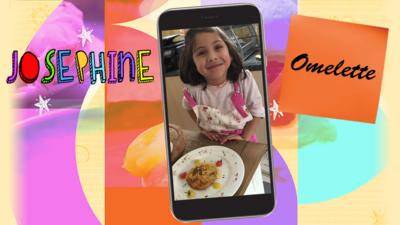 A little girl with a plate of artistically placed omelette.