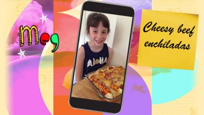 A girl shows a dish of the cheesy beef enchiladas that she has made.