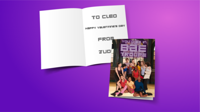 An open greetings card showing the inside with a written message and the front cover that features the cast of The Next Step with the wording "you'd be in BAE Troupe" above it