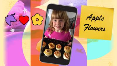 A young girl called unicornloveheartflower shows the camera a muffin tin filled with apple flowers.