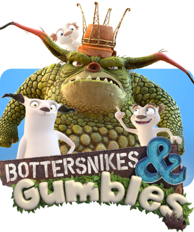 A Bottersnike, two Gumbles and the Bottersnikes & Gumbles logo.