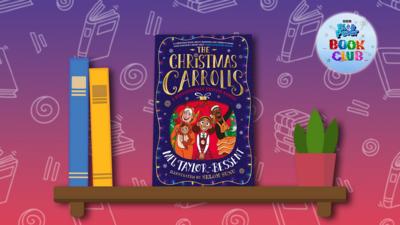 The book 'The Christmas Carrolls' sits on a illustrated shelf.