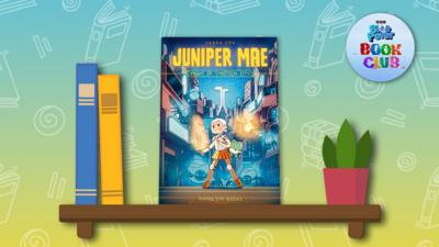 The book 'Juniper Mae: Knight of Tykotech City' sits on a illustrated shelf.