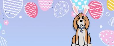 A cartoon image of Henry the dog sits wearing bunny ears. The background is purple with Easter eggs around the border.