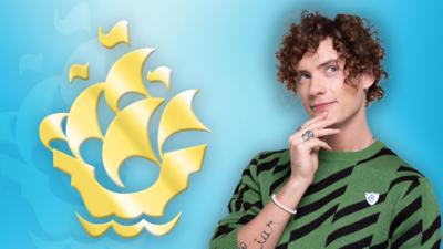 On a blue gradient background Joel from Blue Peter is posed in a thinking position, on his left is a giant Gold badge.