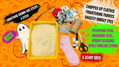 A collection of items that you'll need to make our halloween sock pumpkin, items include rice, a sock, scissors, glue, pens, old fabrics and string. There is a cheeky and cute ghost poking out from behind the rice!