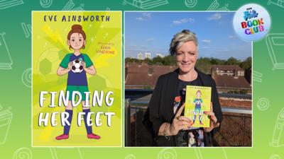 On the left, there is the book cover for the book 'Finding Her Feet' where an animated girl stands holding a football. On the right, the author of the book, Eve Ainsworth, stands smiling holding her book.