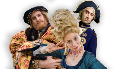 Horrible Histories characters, Henry VIII, Georgian lady and Napoleon.
