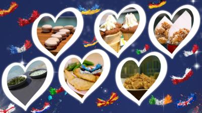 Different recipes in white love hearts. Macarons, cupcakes, popcorn chicken, dips, samosas and biscuits.