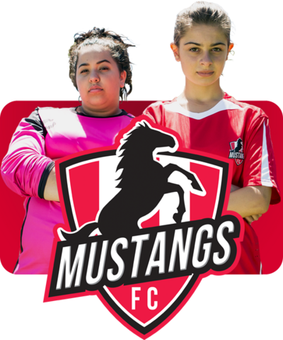 Two footballers from Mustangs FC and the Mustangs FC logo.