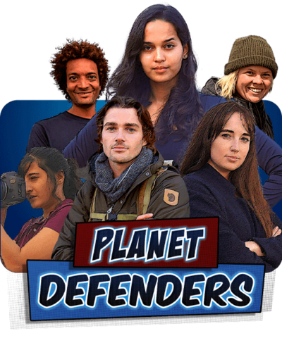 A group of 6 people stood together in outdoor gear and holding cameras, the Planet Defenders.