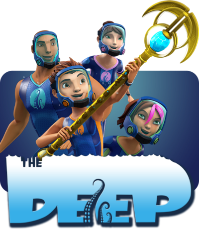 Characters from The Deep, Ant, Will, Fontaine and Kaiko Nekton, Ant is holding a staff with a mysterious gem embedded in the top of it.