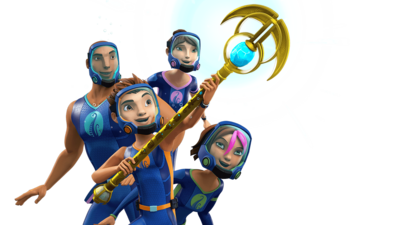 Characters from The Deep, Ant, Fontaine, Will and Kaiko Nekton, Ant is holding a glowing mysterious staff. 