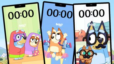 three phone wallpaper backgrounds; one shows bluey and bingo dressed as grannies, one shows bingo jetting into space, and the last shows Bluey in glasses and moustache disguise.
