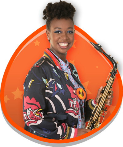 YolanDa with her saxophone in an orange button.
