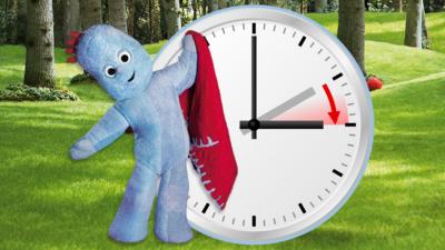 Iggle Piggle standing next to a clock with a red arrow showing clock hands going forward