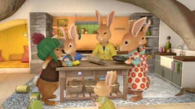 Peter Rabbit and his friends helping his mum