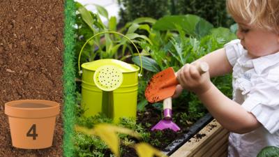 A little boy using colourful hgardening tools to do some gardening