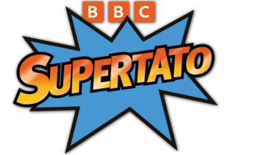 Text says 'supertato' with a superhero comic-style shape behind the letters.